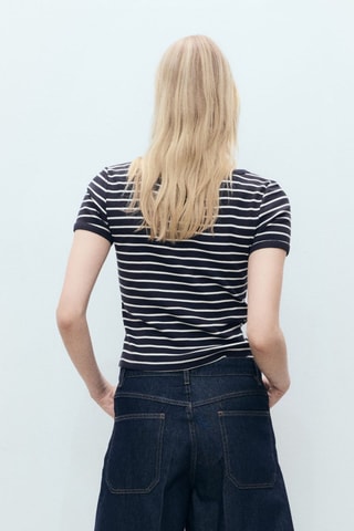 T-shirt en coton rayé à décolleté plongeant - Bleu marine