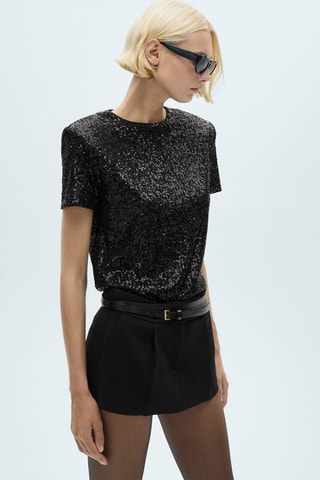 T-shirt manches courtes paillettes - Noir