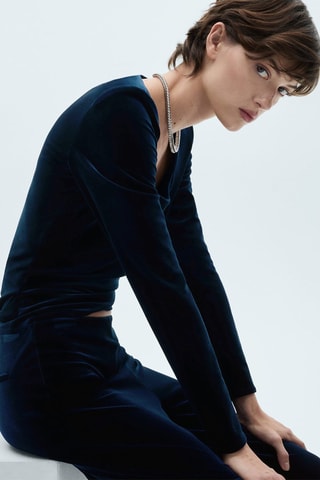 T-shirt décolleté velours - Bleu nuit