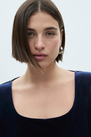 T-shirt décolleté velours - Bleu nuit