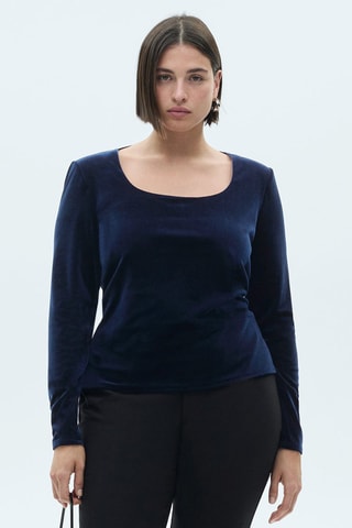 T-shirt décolleté velours - Bleu nuit