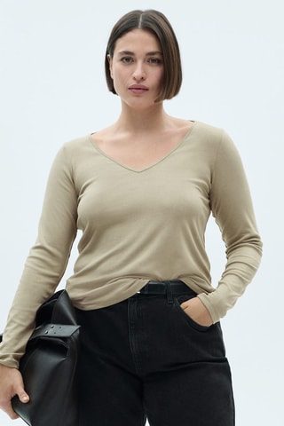 T-shirt manches longues col V - Vert pastel