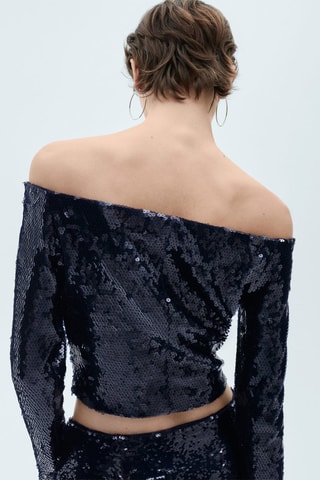 Blouse paillettes épaules dénudées - Bleu