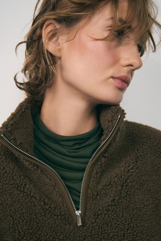 Sweat-shirt effet moutonné fermeture éclair - Kaki