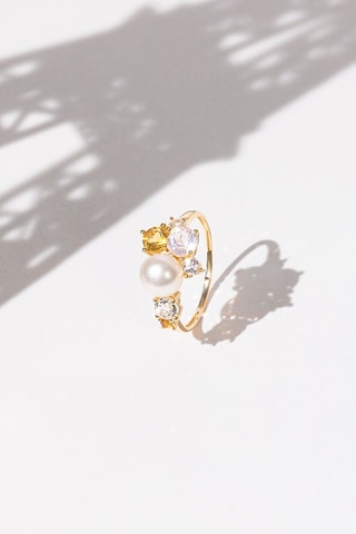 Anello Pikine - Oro giallo, topazi, citrini, quarzo rosa e perla coltivata