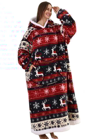 Maglia plaid lunga con cappuccio - Rosso, nero e bianco