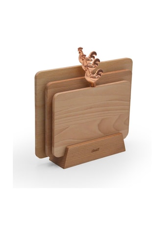 3 Snijplanken met houder van beukenhout Cocorico