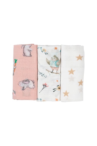 3 mousselines Cloe, Rabbit & Birds - Rose et blanc - 60 x 60 cm
