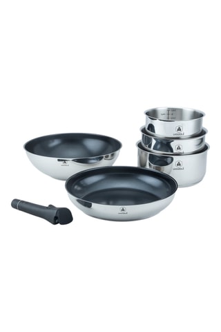 3 Steelpannen, 1 Koekenpan en 1 Wokpan van Roestvrij Staal 202 met Antiaanbaklaag Greblon® CK2 en 1 Afneembaar Handvat - 16/ 18/ 20/28/28 cm - 1,25/2/2,5/2,5/2,54 l