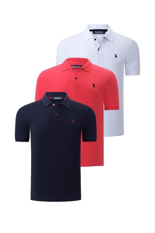 3 Polo's Marineblauw, wit en koraalrood