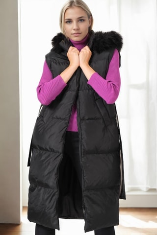 Lange Mouwloze Gewatteerde Jas met Capuchon - Zwart