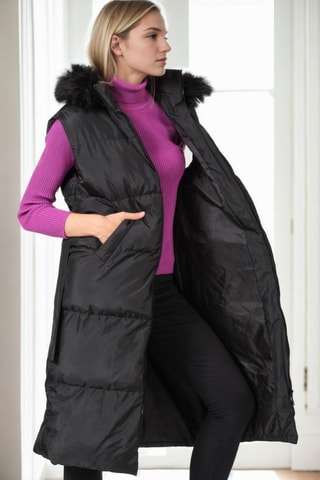 Lange Mouwloze Gewatteerde Jas met Capuchon - Zwart