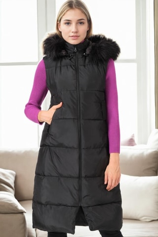 Lange Mouwloze Gewatteerde Jas met Capuchon - Zwart