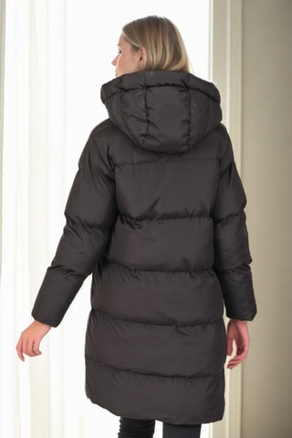 Lange gewatteerde jas met capuchon - Zwart en Donkergroen