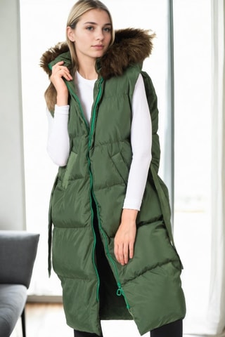 Lange Mouwloze Gewatteerde Jas met Capuchon - Kaki