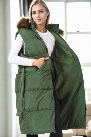 Lange Mouwloze Gewatteerde Jas met Capuchon - Kaki