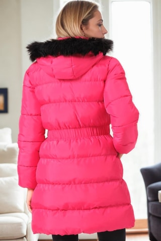 Lange gewatteerde jas met capuchon - Fuchsia