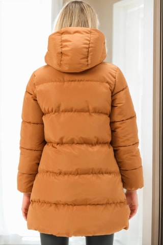 Lange gewatteerde jas met capuchon - Camel