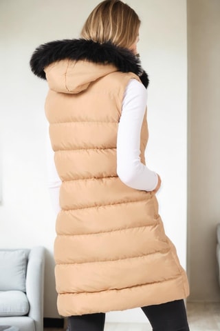 Lange Mouwloze Gewatteerde Jas met Capuchon - Lichtbruin
