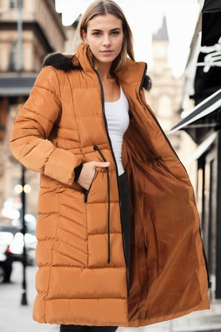 Lange gewatteerde jas met capuchon - Bruin
