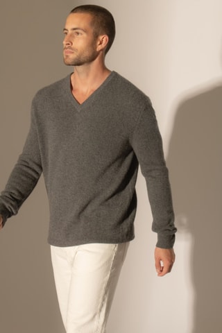 Jersey Enzo 100 % cachemir, 4 hilos - Cuello de pico - Antracita jaspeado, 310 g