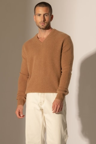 Jersey Enzo 100 % cachemir, 4 hilos - Cuello de pico - Avellana