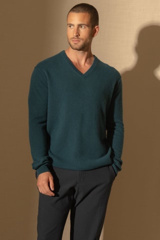 Jersey Lorenzo 100 % cachemir, 2 hilos - Cuello de pico - Verde pato