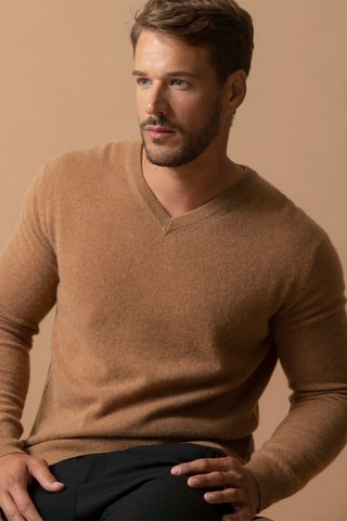 Jersey Alexander - 100 % cachemir 2 hilos - Cuello de pico - Avellana