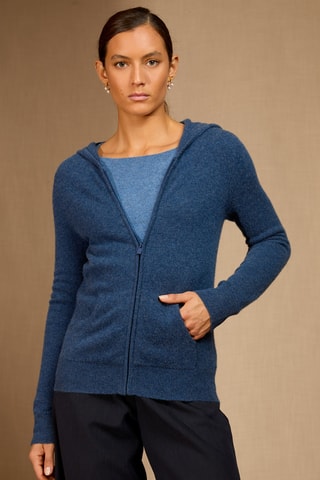 Cárdigan con capucha 100 % cachemir - Cuello con cremallera - Azul