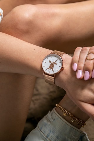 Reloj de cuarzo de acero Rose Turtle - Rosa dorado y blanco
