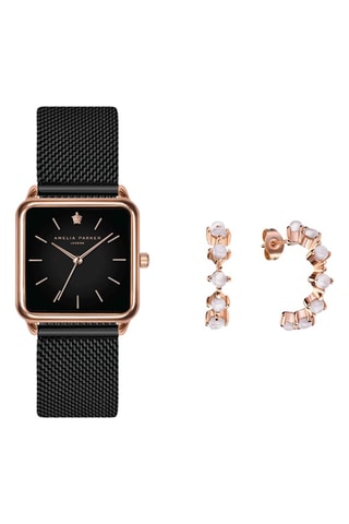 Estuche reloj de cuarzo de acero chapado en ion de oro rosa y pendientes Night Plaza