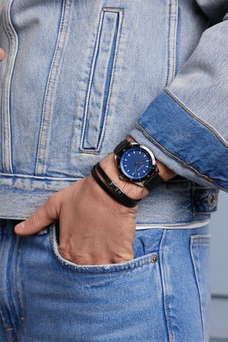 Relógio de quartzo em couro Valletta - Preto e azul