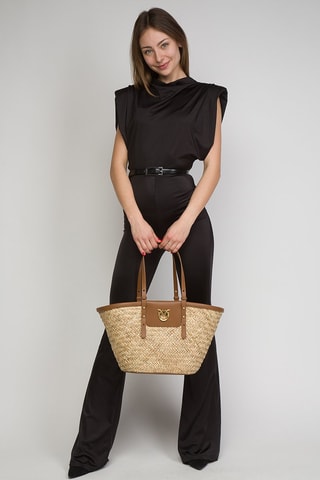 Bolso shopper de piel - Beige y marrón