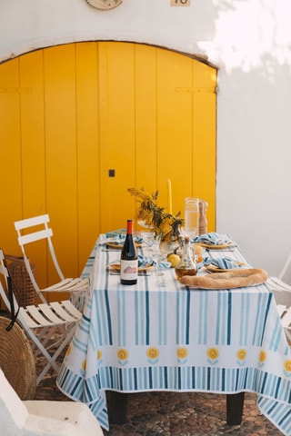  Tafellaken Alechinsky - Hemelsblauw en Wit