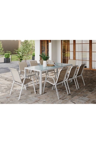 Set pranzo Minorca 8 posti in textilene e vetro temprato bianco e beige