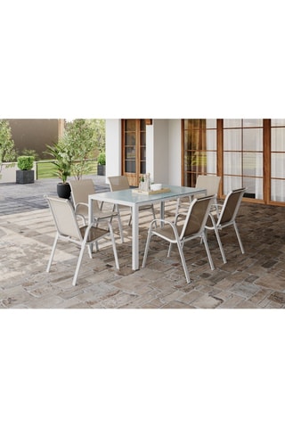 Set pranzo Minorca 6 posti in textilene e vetro temprato bianco e beige