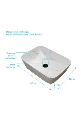 Lavabo rectangular de mármol de encimera - Blanco mate - 57 x 25 x 43 cm
