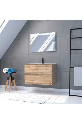 Mueble de cuarto de baño con 2 cajones, lavabo de cerámica y espejo - Imitación roble