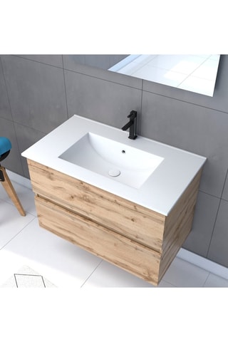 Mueble de cuarto de baño con 2 cajones, lavabo de cerámica y espejo - Imitación roble