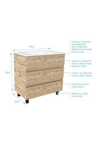 Conjunto de mueble de cuarto de baño de 3 cajones y lavabo - Natural y blanco