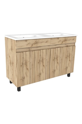 Conjunto de mueble de cuarto de baño de 4 puertas y lavabo - Imitación roble industrial y blanco