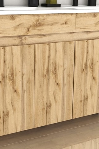 Conjunto de mueble de cuarto de baño de 4 puertas y lavabo - Imitación roble industrial y blanco