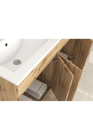 Conjunto de mueble de cuarto de baño de 4 puertas y lavabo - Imitación roble industrial y blanco