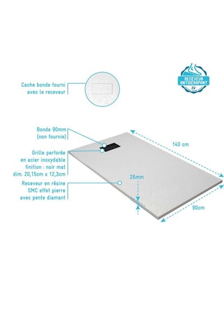 Plato de ducha y rejilla lineal Stone - Negro y blanco - 140 x 90 cm