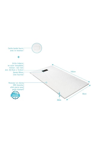 Plato de ducha con rejilla lineal - Blanco y negro - 90 x 160 x 2,6 cm