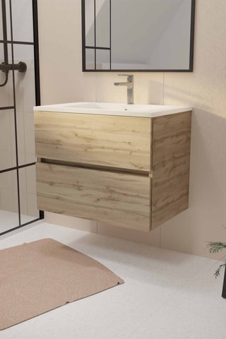 Mueble de cuarto de baño de 2 cajones con lavabo de cerámica Timber - 70 x 46 x 54 cm