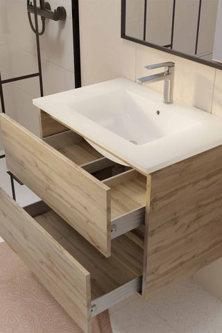 Mueble de cuarto de baño de 2 cajones con lavabo de cerámica Timber - 70 x 46 x 54 cm