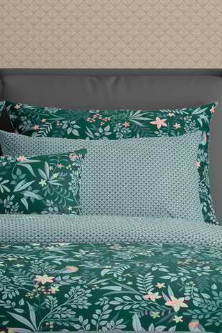 2 fundas de almohada de satén de algodón 80 hilos/cm² Harmonie des oiseaux - Verde y rosa