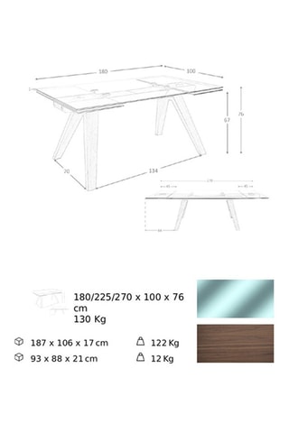 Table extensible en verre et noyer - 180-270 x 76 x 100 cm