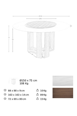 Table en porcelaine et noyer - 150 x 75 x 150 cm